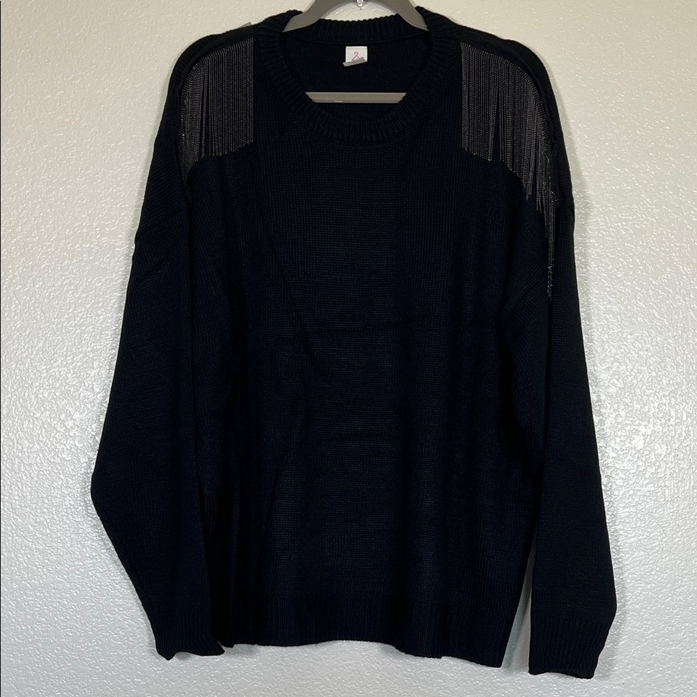 Black knit sweater with chain shoulder details, size 2X